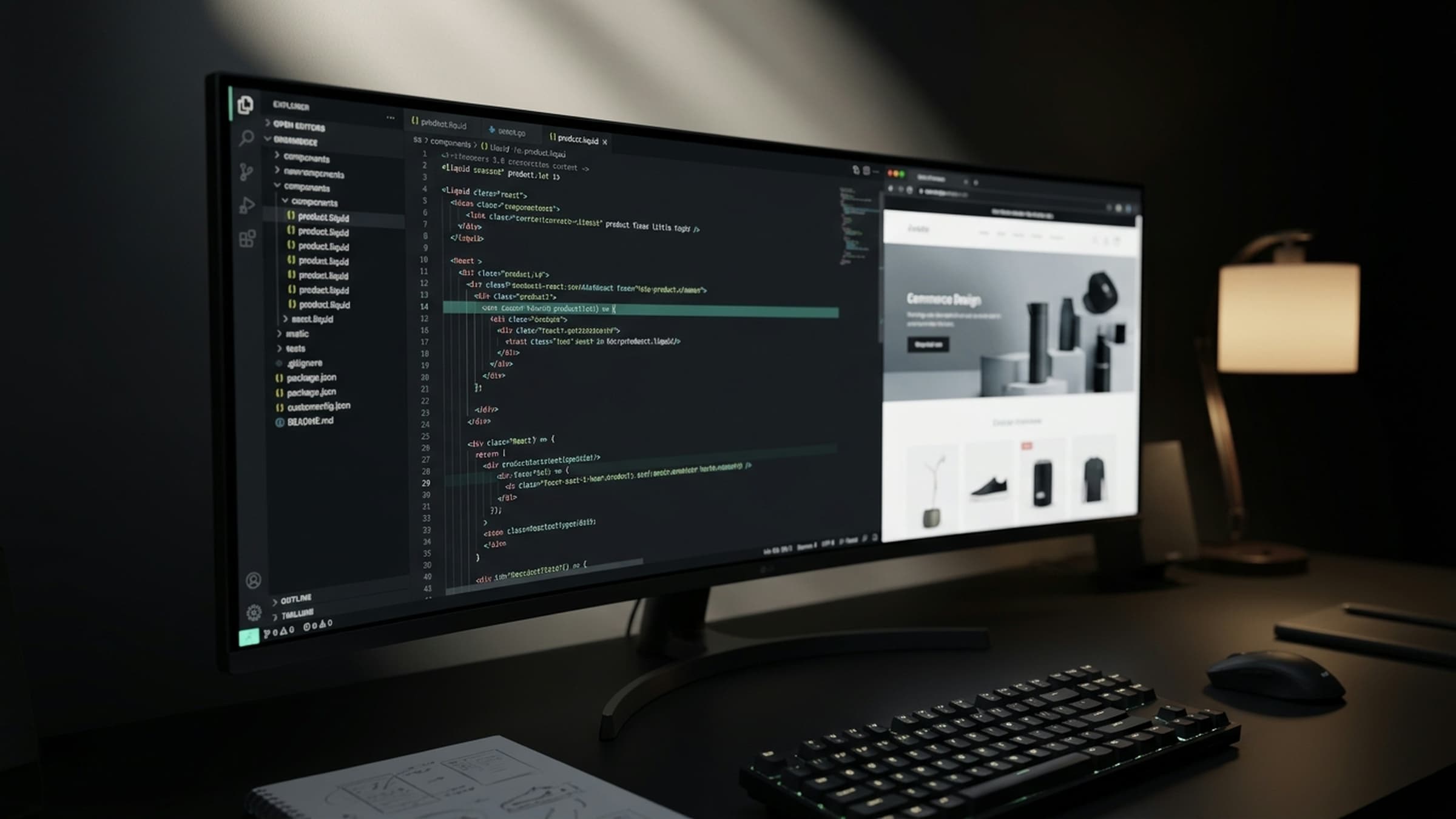 A developer workspace with custom storefront code and a live preview side by side.