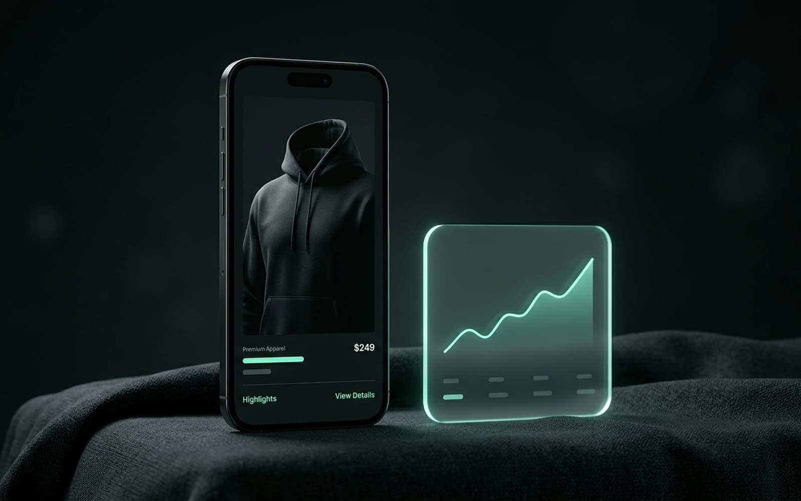 A fashion storefront on a phone beside rising conversion charts.
