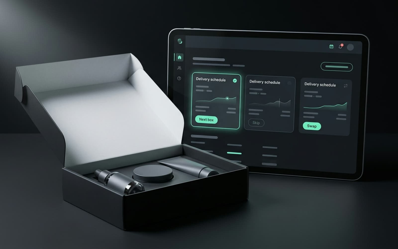 A beauty subscription box beside a custom subscription portal screen.