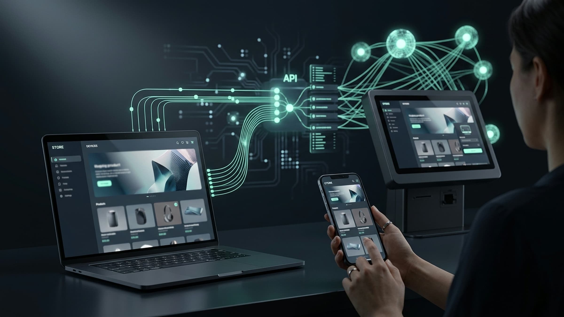 A headless storefront rendering on multiple devices with an API layer behind it.
