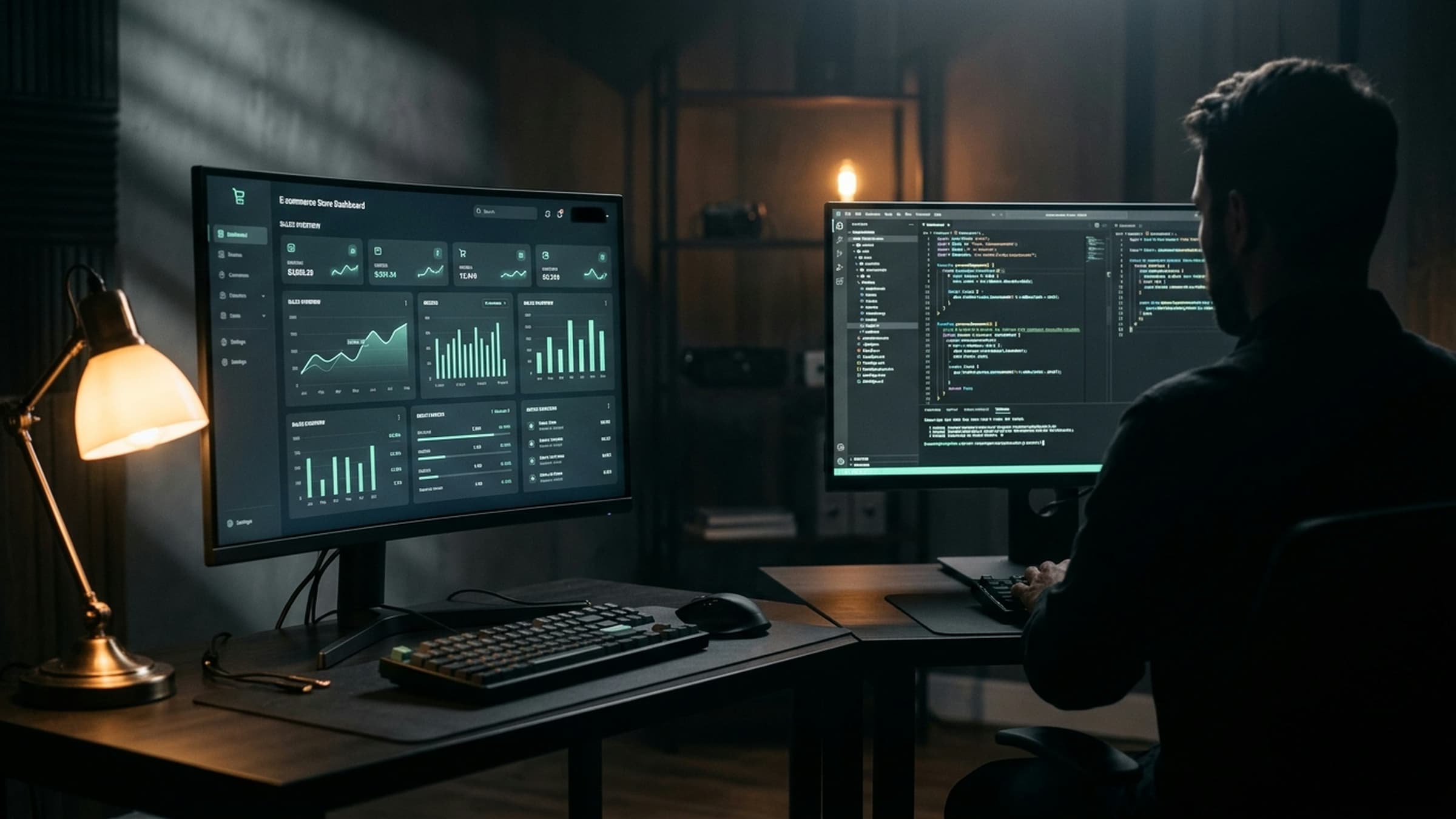 A quiet developer studio with two workstations showing store dashboards and code.