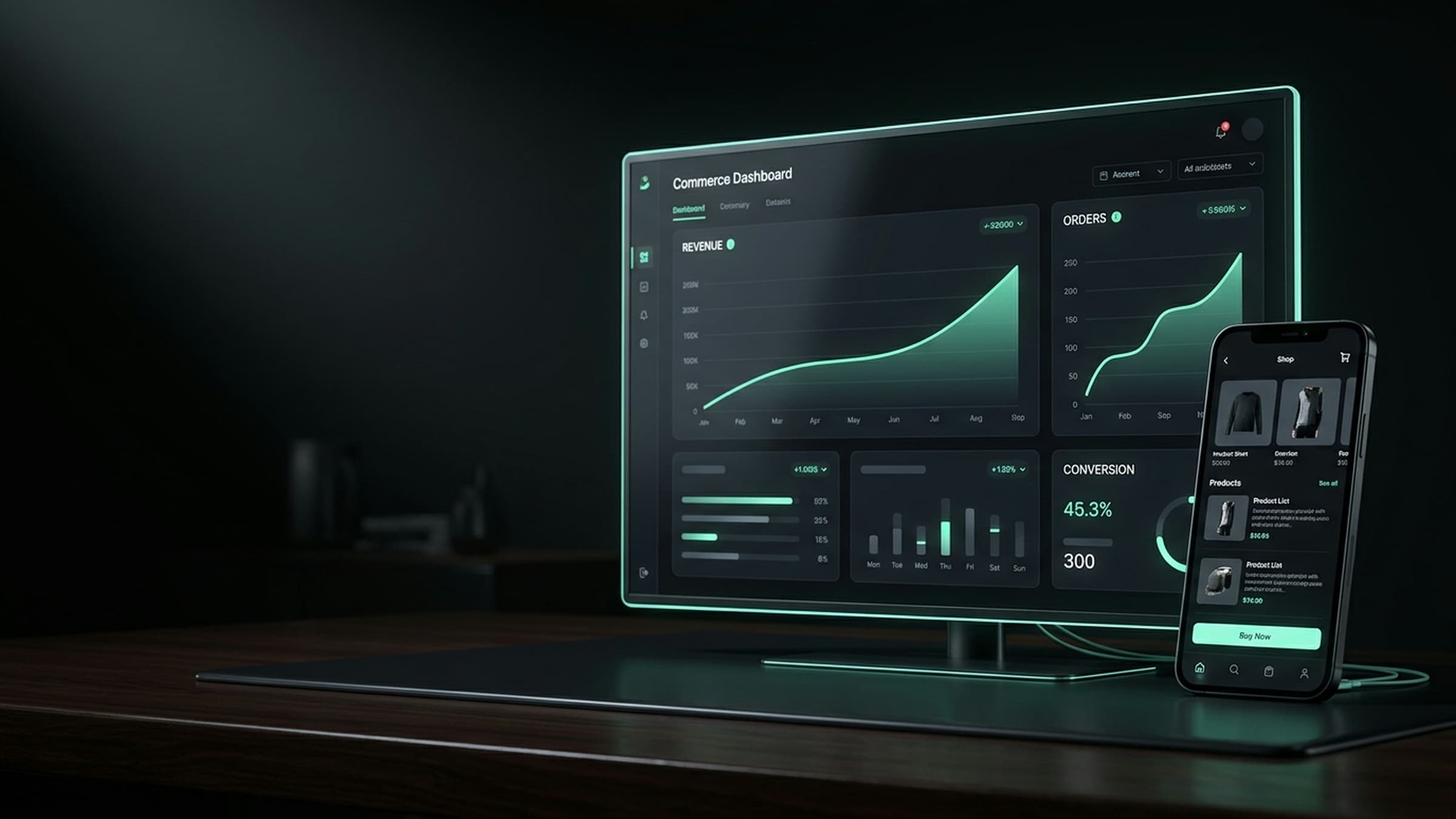 A glowing ecommerce analytics dashboard on a dark desk with a phone showing a mobile storefront beside it.