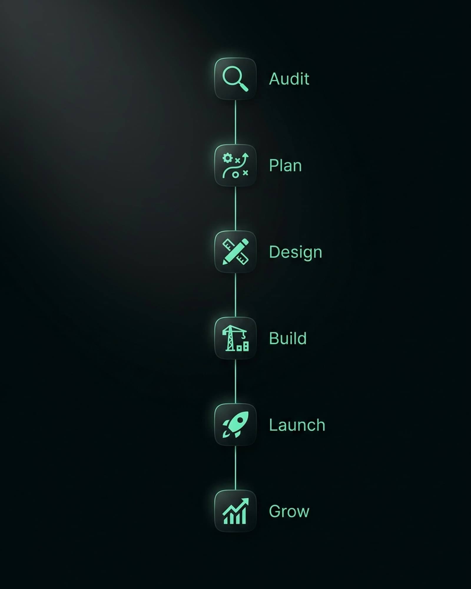 Vertical timeline infographic showing the six project stages from audit to growth.