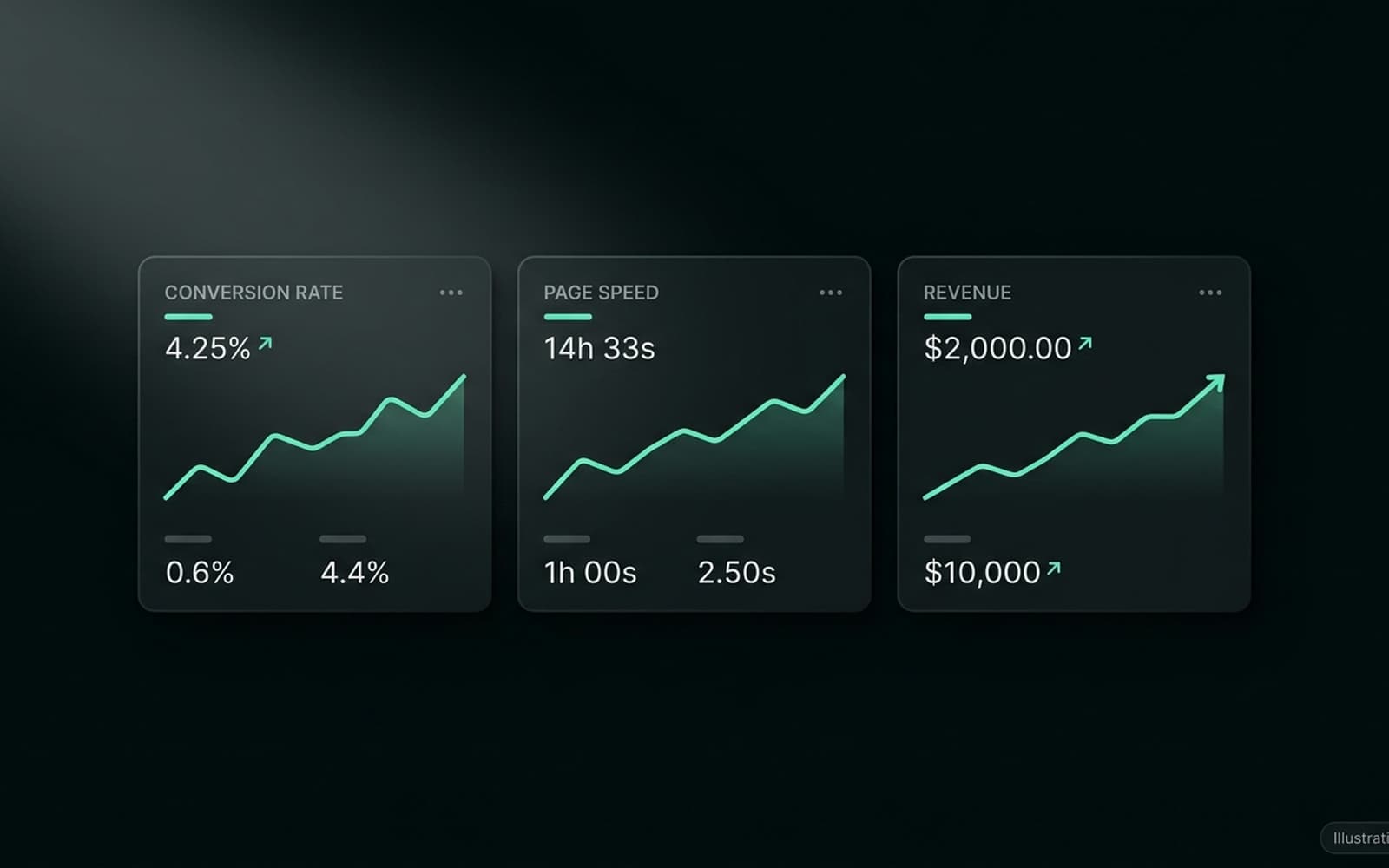 Dashboard panel with conversion, speed and revenue trend charts all rising, labelled as illustrative.