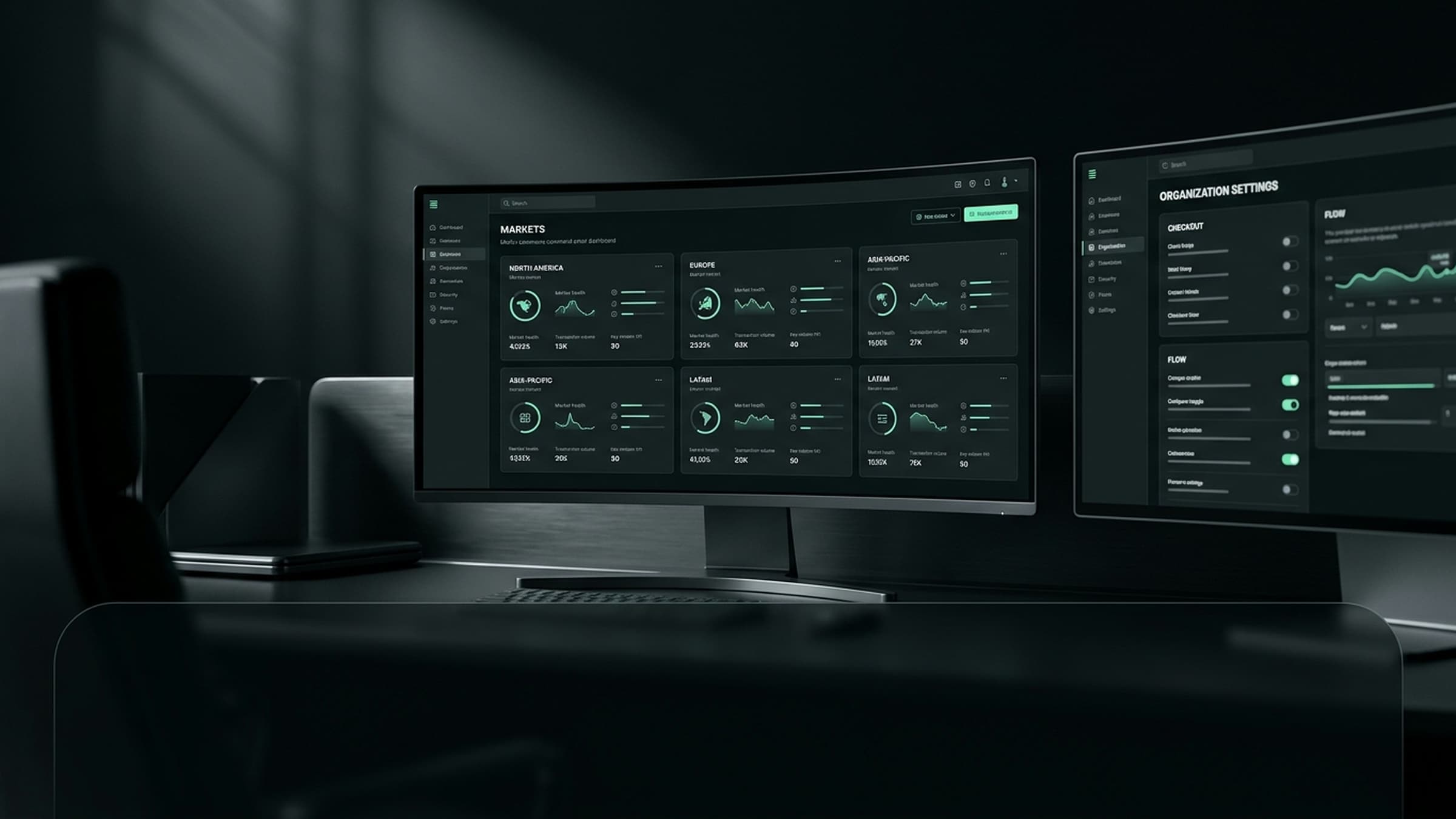 A scaled enterprise storefront dashboard across multiple markets on dark screens.