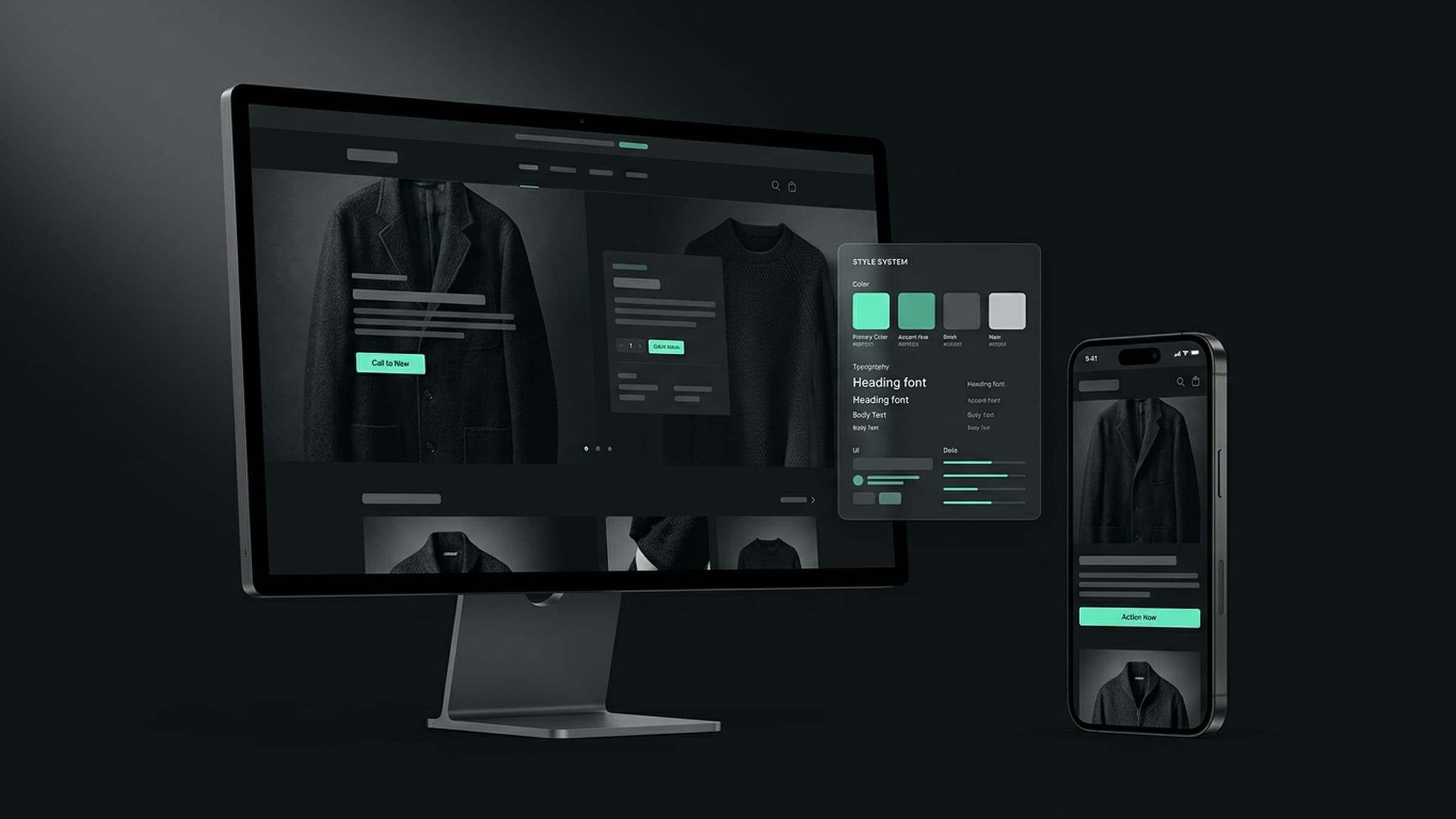 A custom storefront theme shown on desktop and phone with design tokens beside it.